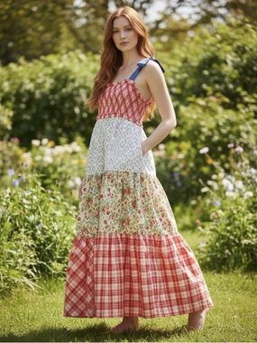 Last 1! NWT Free People Bluebell Patchwork Maxi Dress in Cherry Combo